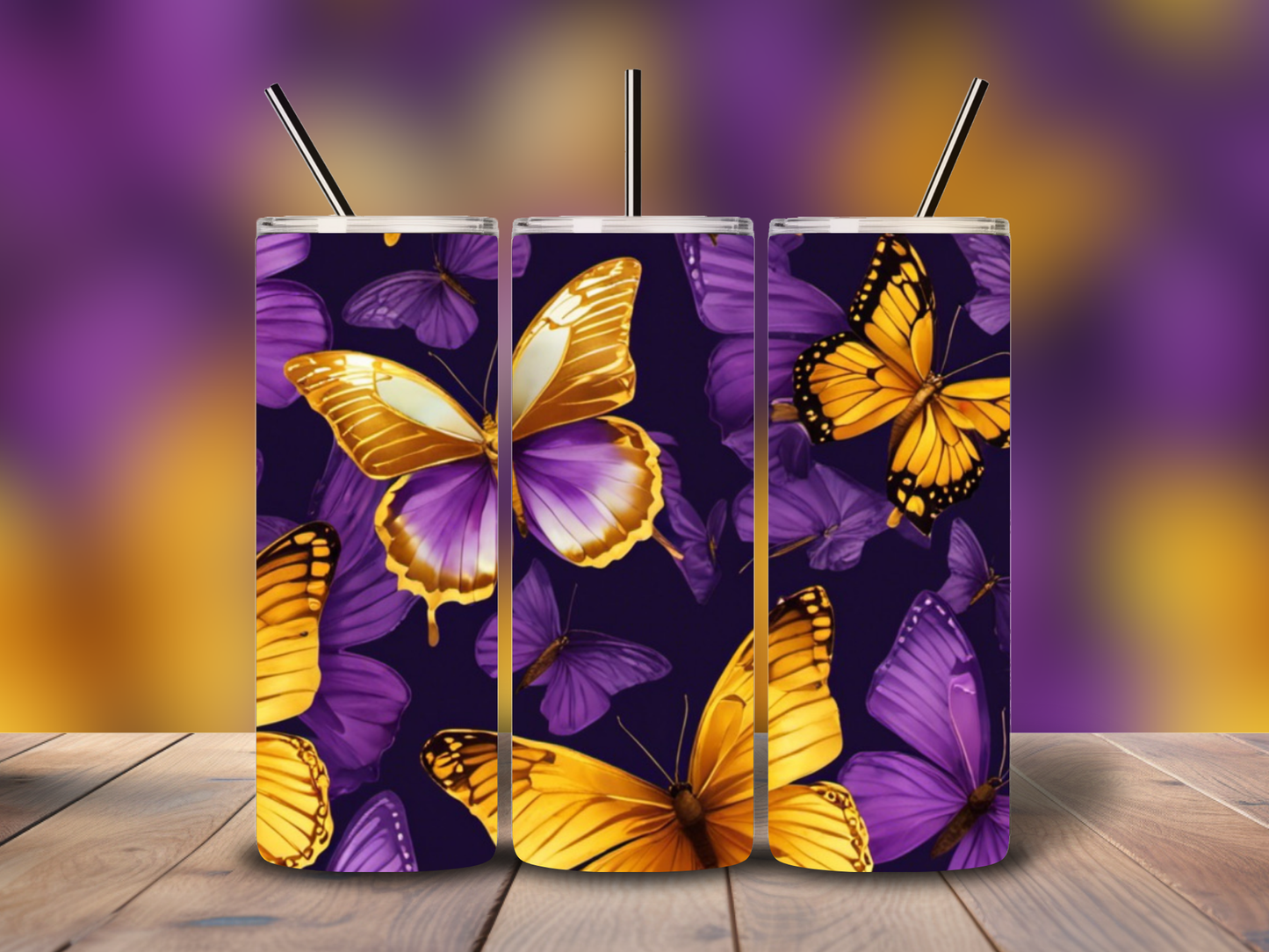 PURPLE N GOLD BUTTERFLYS (20OZ) STAINLESS STEAL TUMBLER